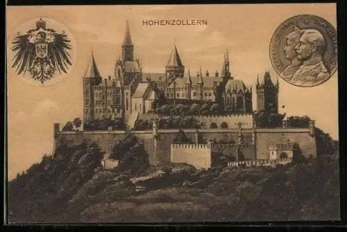 Künstler-AK Burg Hohenzollern, Auguste Victoria und Wilhelm II., Wappen