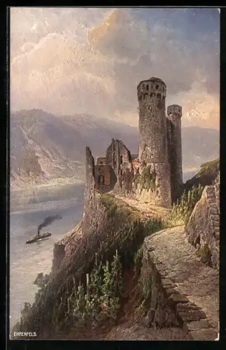 Künstler-AK Burg Ehrenfels, Ruine und Dampfschiff auf dem Rhein