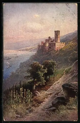 Künstler-AK Schloss Stolzenfels und Dampfschiffe auf dem Rhein