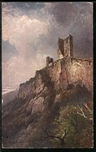 Künstler-AK Königswinter, Ruine Drachenfels am Rhein