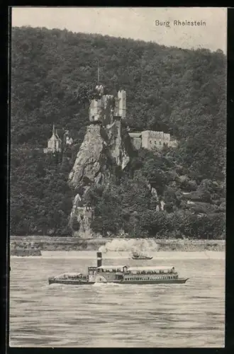 AK Burg Rheinstein, Partie mit Raddampfer