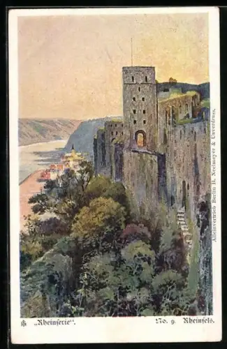 Künstler-AK St. Goar, Blick zur Ruine Rheinfels