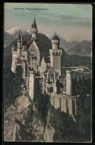 AK Schloss Neuschwanstein, Ansicht mit Gipfelpanorama