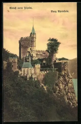 AK Burg Rheinstein mit Rheinblick