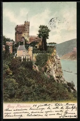AK Burg Rheinstein mit Blick auf den Rhein