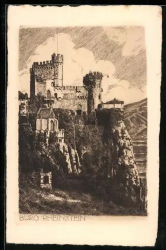 AK Burg Rheinstein, Ansicht mit Weinbergen