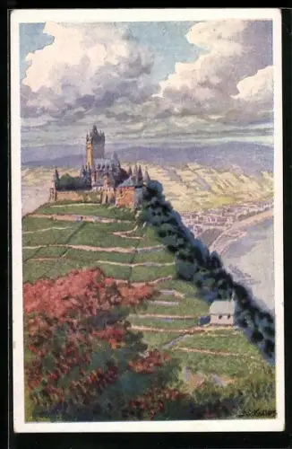 Künstler-AK Cochem, Blick zur Burg mit Umgebung