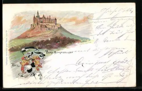 Künstler-AK Burg Hohenzollern, Blick auf die Burg, Wappen
