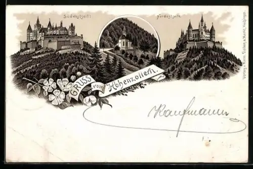 Lithographie Hohenzollern, Burg von der Südwestseite und Nordostseite