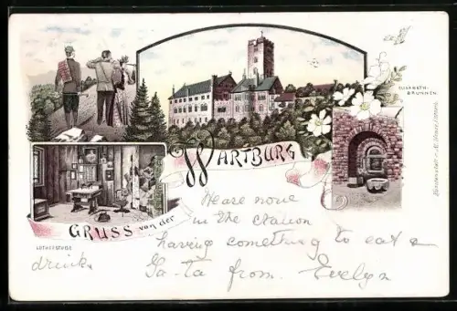 Lithographie Wartburg, Wandernde Elisabeth-Brunnen, Lutherstube