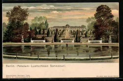 Lithographie Potsdam, Lustschloss Sanssouci, Blick auf Brunnen und Gärten