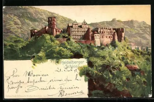 Lithographie Heidelberg, Blick auf das Schloss