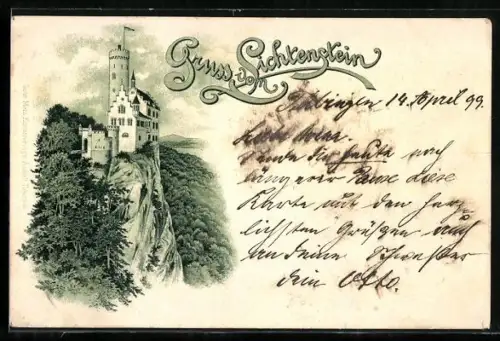 Lithographie Lichtenstein, Schloss mit umgebendem Tal