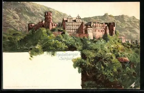 Lithographie Heidelberg, Blick auf das Schloss
