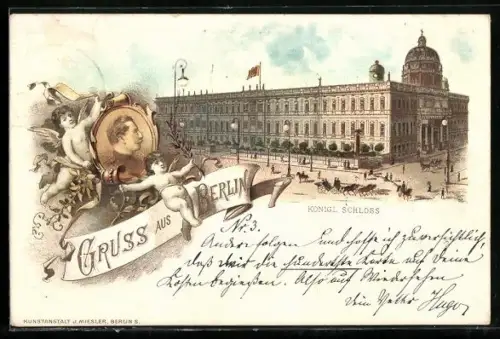 Lithographie Berlin, Königliches Schloss, Porträt Kaiser Wilhelm II.