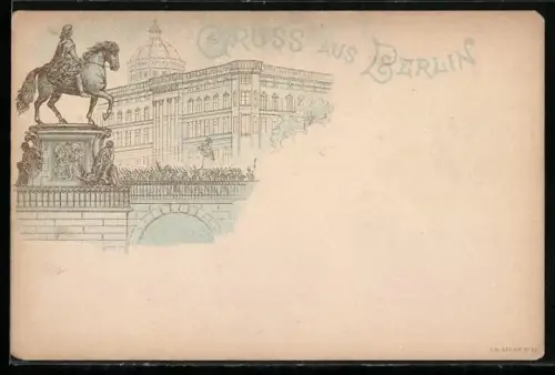 Lithographie Berlin, Schloss, Soldaten marschieren über die Brücke