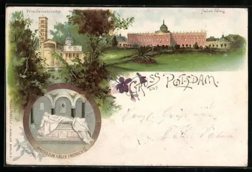 Lithographie Potsdam, Neues Palais, Mausoleum Kaiser Friedrich III., Friedenskirche
