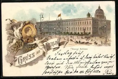 Lithographie Berlin, Königliches Schloss, Strassenpartie mit Kutschen