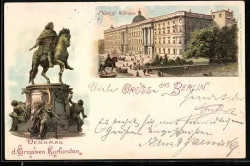 Lithographie Berlin, Königliches Schloss, Denkmal d. Grossen Kurfürsten