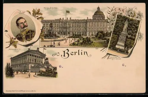 Lithographie Berlin, Königliches Schloss, Denkmal der Königin Louise, Nationalgalerie