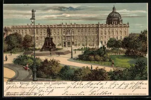 Lithographie Berlin, Königliches Schloss, Lustgarten, Denkmal und Passanten