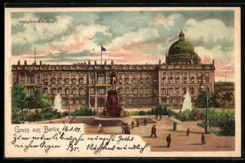 Lithographie Berlin, Königliches Schloss mit Denkmal