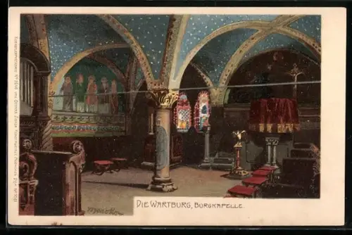 Lithographie Wartburg, Burgkapelle mit Altar