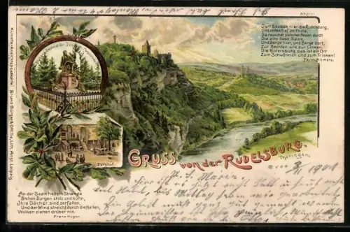 Lithographie Rudelsburg /Thüringen, Bismarck-Denkmal der Deutschen Corpsstudenten und Burghof