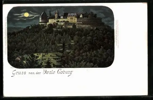 Lithographie Coburg, Veste und Umgebung bei Nacht