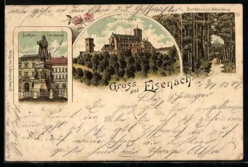 Lithographie Eisenach, Wartburg mit Luther-Denkmal und Durchblick v. d. Hohen Sonne