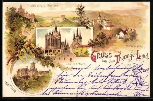 Lithographie Wartburg /Thüringer Land, Mit Schwarzburg, Dom in Erfurt und Rudelsburg