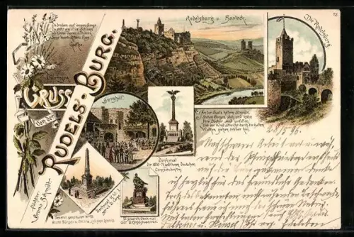 Lithographie Saaleck, Rudelsburg, Denkmal der gefallenen Deutschen Corpsstudenten, Burghof