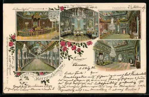 Lithographie Herrenchiemsee, Paradebett, Porzellanzimmer, Paradezimmer, Spiegelgalerie, Berathungszimmer