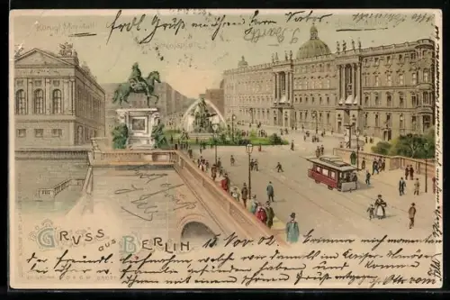 Lithographie Berlin, Königliches Schloss, Denkmal, Königlich. Marstall, Passanten und Bus