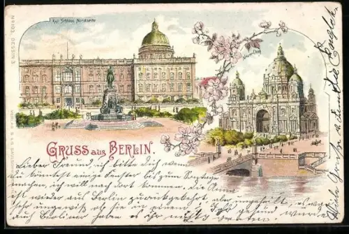 Lithographie Berlin, Königliches Schloss, Schloss von der Nordseite, Denkmal, Neuer Dom