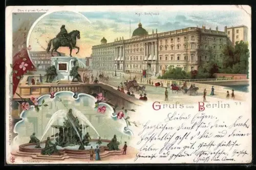 Lithographie Berlin, Königliches Schloss, Denkmal, Strassenpartie mit Kutsche, Schlossbrunnen