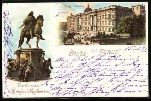 Lithographie Berlin, Königliches Schloss, Denkmal des Grossen Kurfürsten