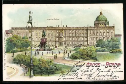 Lithographie Berlin, Königliches Schloss, Lustgarten und Denkmal