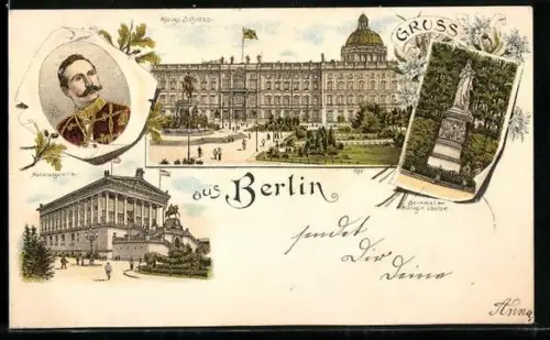 Lithographie Berlin, Königliches Schloss, Denkmal der Königin Louise, Nationalgalerie