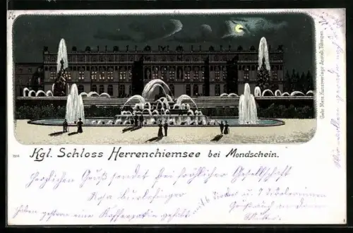 AK Herrenchiemsee, Königliches Schloss bei Mondschein mit Brunnen
