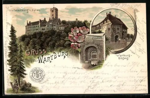 Lithographie Wartburg, Blick auf die Burg von Osten, Eingang und Elisabeth-Brunnen