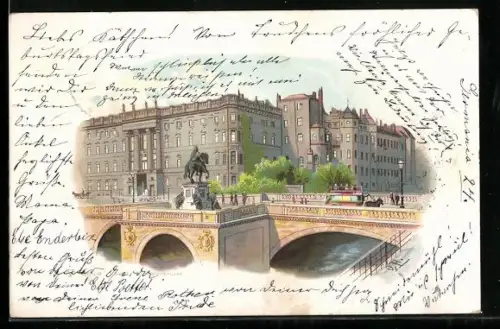 Lithographie Berlin, Schloss, Denkmal und Passanten auf der Kurfürstenbrücke