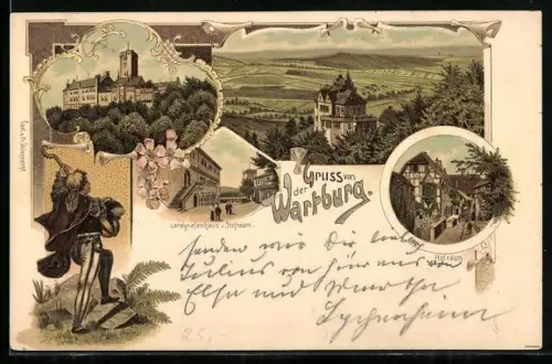 Lithographie Wartburg, Blick auf die Umgebung, Landgrafenhaus und Hofraum