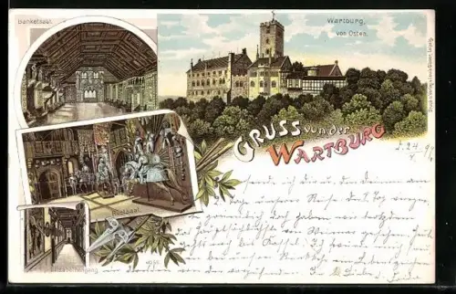 Lithographie Wartburg, Blick von Osten, Banketsaal, Rüstsaal, Elisabethengang