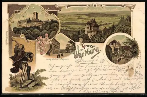 Lithographie Wartburg, Blick auf die Wartburg, Landgrafenhaus und Hofraum