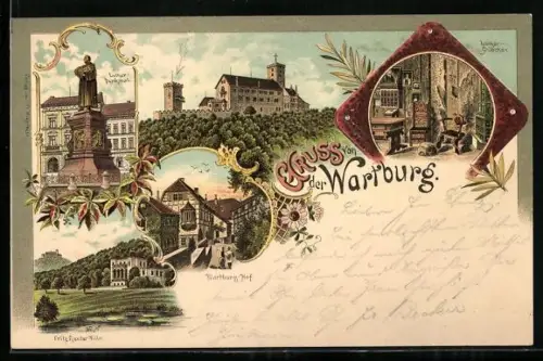 Lithographie Wartburg, Kirche, Luther-Denkmal, Luther-Stübchen, Wartburg Hof und Fritz-Reuter-Villa