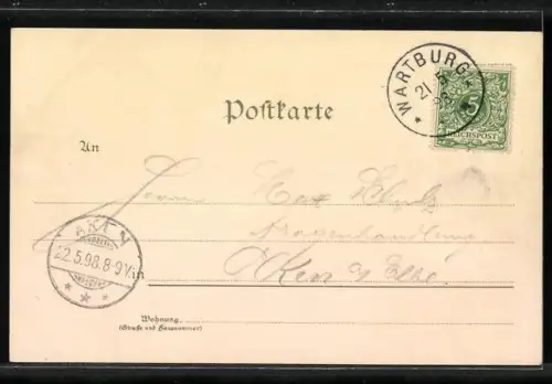 Lithographie Wartburg, Kirche, Luther-Denkmal, Luther-Stübchen, Wartburg Hof und Fritz-Reuter-Villa