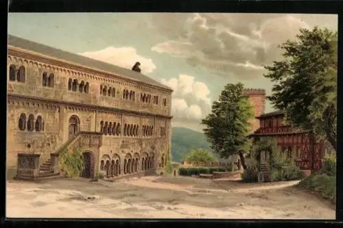 Lithographie Wartburg, Haupthof der Burg