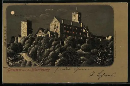 Mondschein-Lithographie Wartburg, Blick auf die Burg