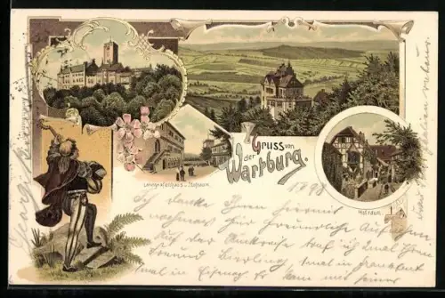 Lithographie Wartburg, Ansicht der Burg und Umgebung, Hofraum und Landgrafenhaus